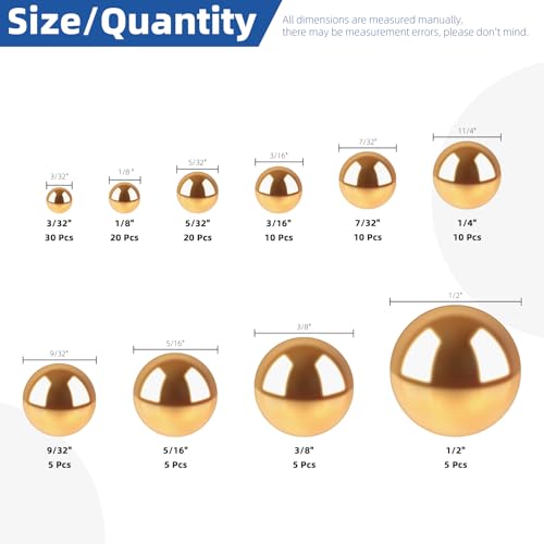 Glarks 120pcs 3/32’’-1/2’’ 10 Sizes Precision Solid Brass Bearing Balls Assortment, Yellow Brass Hardness Round Ball, Industrial Bearing Balls for for Machinery, Automotive, Valves, Ball Mill 3/32"-1/2"