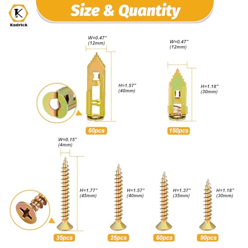 Kadrick 420Pcs Self Drilling Drywall Anchors with Screws Assortment，Zinc Plated,2025 Upgraded Hollow Wall 2 Sizes Anchors and 4 Sizes Screws Kit, Easy Application No Drill or Holes in Wall 420Pcs 6Size Kit