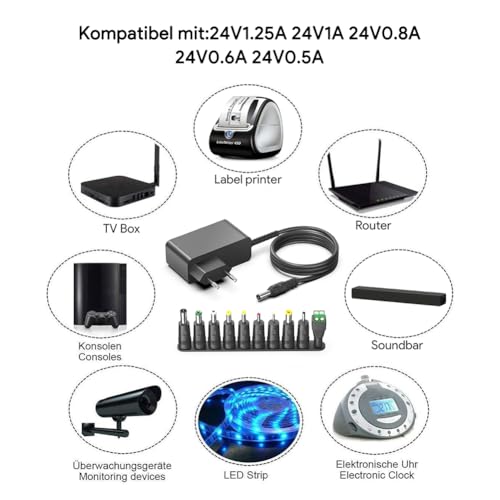 HKY Universal 24V 1.25A 1A 0.8A 0.5A Adapter 24 Volt 30W 24W DC Transformer Charger 1.2A 850mA 800mA 600mA 500mA Power Supply Charging Cable with 10 Converter Plugs