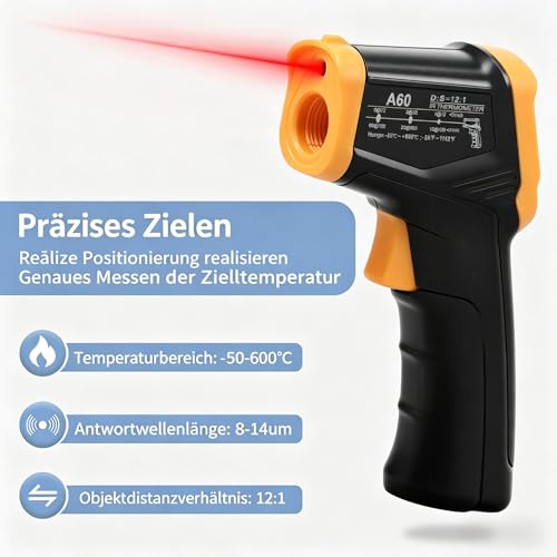 Infrared Thermometer -50-600°C with LCD & Laser | IR Thermometer 12:1 0.5s LCD Light & Laser for Grill, Kitchen, Freezer and Workshop