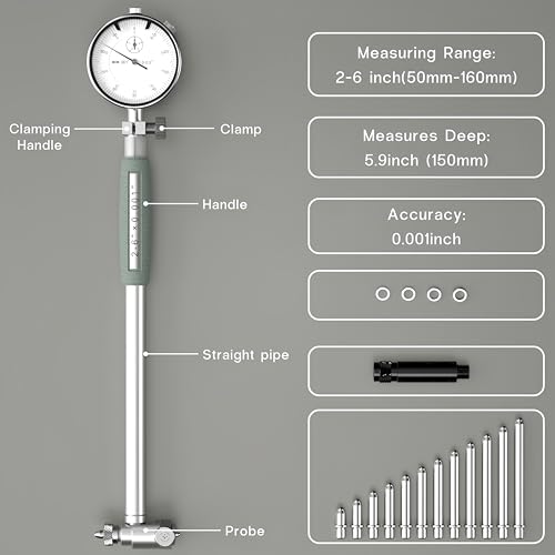 Dial Bore Gauge 2"-6" / 0.001", Engine Hole Cylinder Gauge Measuring Tool Set, Inside Micrometer Dial Indicator with Self-Centering Dial for Bore Measurement