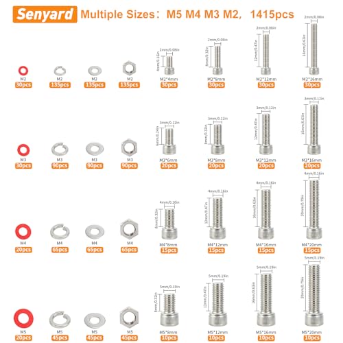 M2 M3 M4 M5 Nuts and Bolts, 304 Stainless Steel Metric Bolt Assortment (Lock & Flat Washers),Metric Screw Assortment, Socket Head Cap Screws, Metric Bolts and Nuts Assortment Kit, 1415pcs M2M3M4M5