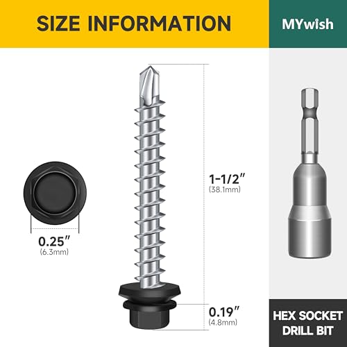 Mywish 100Pcs #10×2" Black Self Tapping Screws for Metal & 50pcs #10 x 1-1/2 Hex Head Self-Drilling Sheet Metal Roofing Screws with EPDM Washer, Sheet Metal Roof Screws, Self Drilling Screws High-Stre