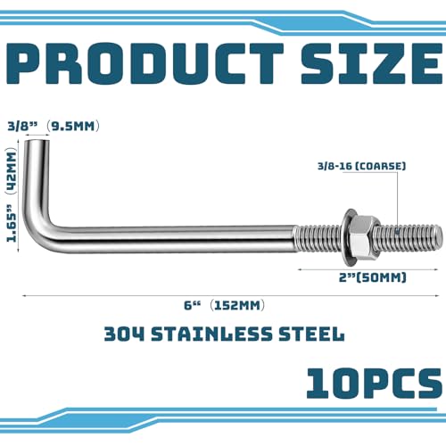 Yaocom 10 Pcs Anchor Bolts 3/8‑16 x 6'' 304 Stainless Steel