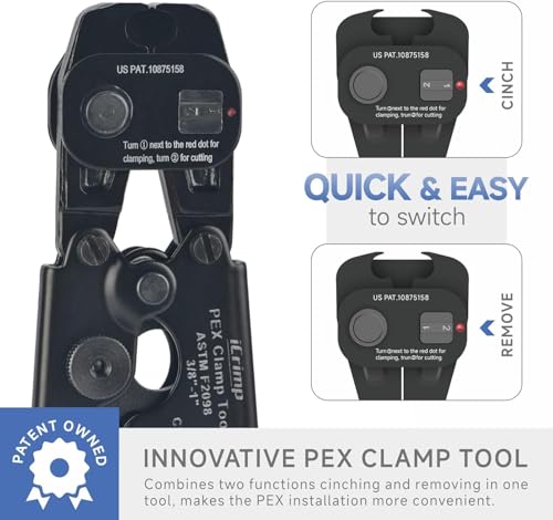 iCrimp PEX Crimping Tool Kit with Clamps, Cinch & Removal Tool for 3/8"-1" Crimp-Cut-Clamp Kit (Boxed)