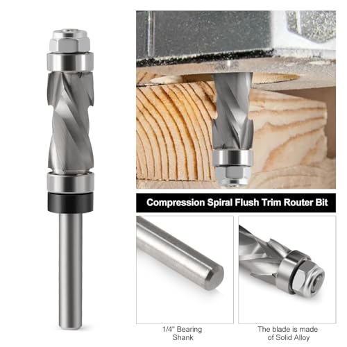 Compression Flush Trim Router Bit 1/4" Shank,1/2" Cutting Dia,Top and Bottom Bearing Carbide Spiral Up-Down Pattern Template Flush Cut Router Bit Woodworking Trimming Tool 1/4''x 1/2''x 1'' Uncoated