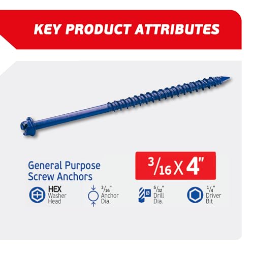 3/16 x 4 Hex Head Blue Concrete Screw Anchors (100 pcs Screw Kit) with one Screwdriver and Drill Bit for Concrete, Masonry, Block, Brick and Wood Fastening 3/16 x 4"