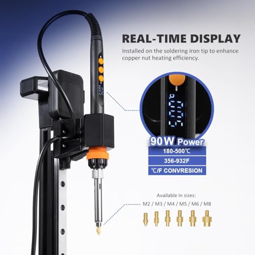 Vertical Heat Set Insert Tool Pressing Machine with 90W Soldering Iron, Heat Set Tips M2-M8, 30PCS Brass Nuts Threaded Inserts for 3D Printed Part (Nutopress Pro)