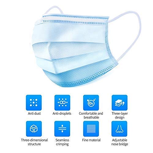 BigBig Home 100 pieces soft disposable face mask, 3-layer masks, dustproof, disposable protective masks, breathing masks with earrings, blue