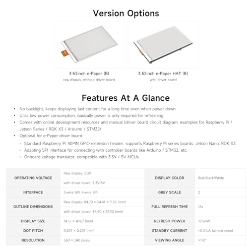 Waveshare 3.52 inch e-Paper Display (B), e-Ink Display, 360 x 240, Red/Black/White, Compatible with Raspberry Pi 5/4B/3B/Zero/Zero W/Zero 2W/Pico/Pico, Support Jetson Nano/TX2/Xavier N/Orin and RDK X3
