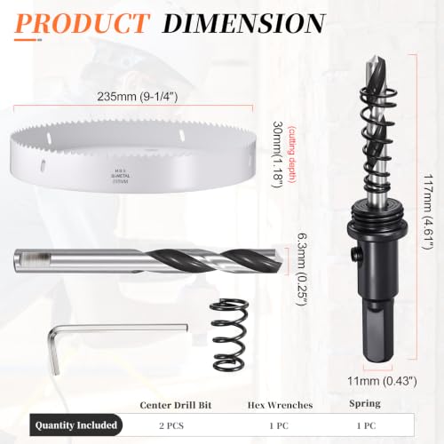 METALLIXITY Bi-Metal Hole Saw 9-1/4" 235mm W/ 2 Drill Bits White 235mm (9-1/4")