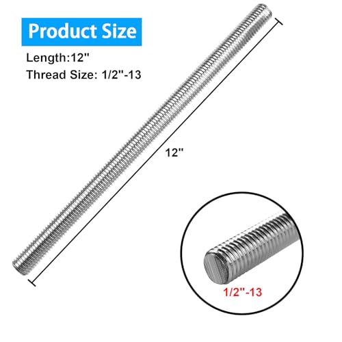 4pcs 1/2"-13 Fully Threaded Rod, 304 Stainless Steel Long Threaded Screw, 12" Length, Right Hand Threads (1/2"-13)