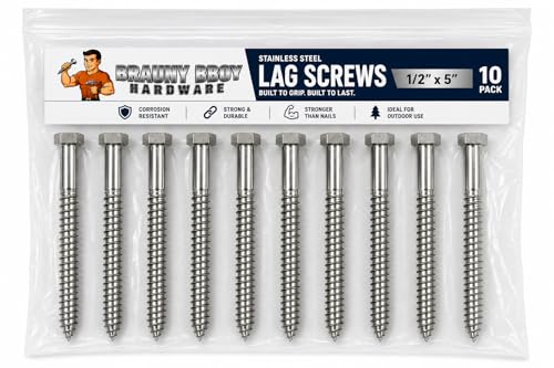 (10) 1/2" X 5" – 304-18/8 Grade Stainless Steel Heavy Duty Lag mounting Screws I Hex Head Fasteners - Use for Construction, Wood, Metal I Interior-Exterior Rust Resistant I 10 Pack