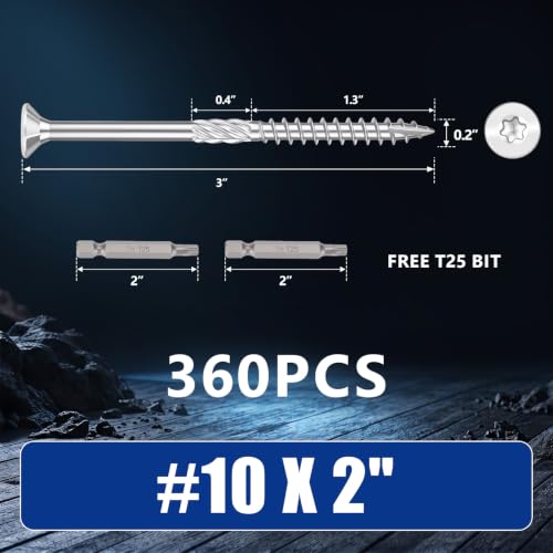 #10x2 inch Stainless Steel Deck Screws 360 PCS Wood Screws with T25 Bit #10*2"-360pcs