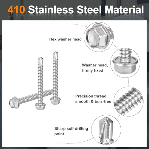 uxcell 100Pcs #14 x 2-1/2" Self Drilling Screws, 410 Stainless Steel #14 x 2-1/2" 100
