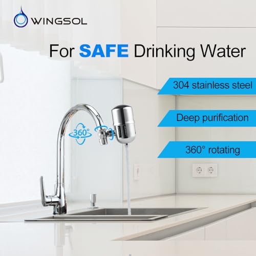 WINGSOL WINGSOL Faucet Water Filter Stainless-Steel 360° Rotating Water Filter for Sink, Reduce Chlorine, Heavy Metals and Bad Taste, 320G Long Lasting Sink Water Filter, 3 Filter Cartridges Included