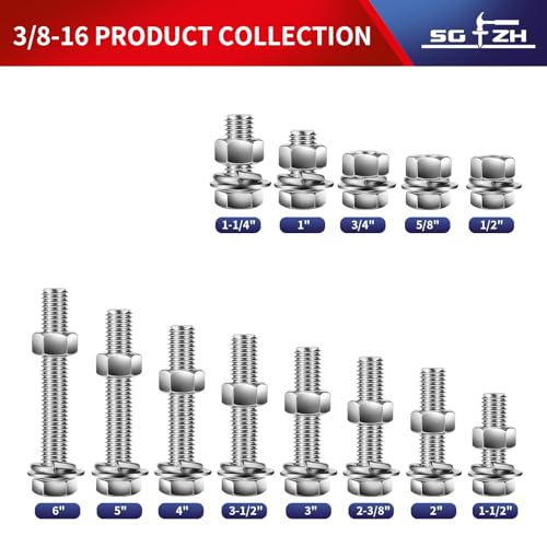 3/8-16 x 3 Hex Head Screw Bolt, Nuts, Flat & Lock Washers, 20Pcs 18-8 (304) Stainless Steel, Fully Threaded, by SG TZH 3/8-16 x 3" Silver 20