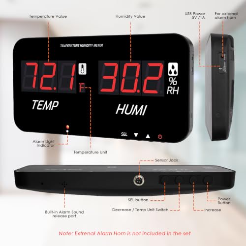 Digital Hygrometer Thermometer LED Display, -20~80°C / 0~100% RH, ±1°C Accuracy, Custom Alarms (6-120s), Table/Wall/Tripod Mount, Type-C, for Home, Office, Lab, Warehouse