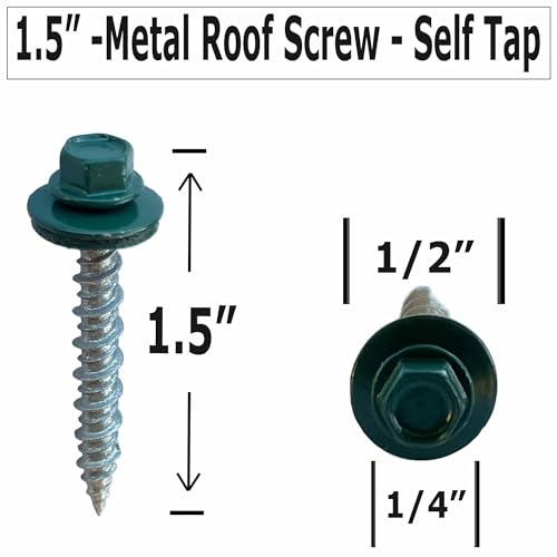 Metal Roofing Screws - #10 x 1.5” – Self Tapping Hex Head - EPDM Rubber Washer-for Metal to Wood, Corrugated, Siding, Sheds, Pancake Screw - ¼” Hex Drive Easy Installation - Green - Screws (250) 250