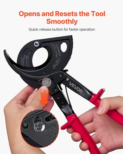 VEVOR Ratcheting Cable Cutter, Spring Steel Blades with Insulated Handles, Quick-Release Button, Heavy Duty Ratchet Cable Wire Cutter for Cutting Copper & Aluminum Cables Up to 800 MCM / 400 mm² 11inch/800 MCM / 400 mm²