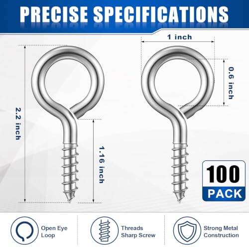 Hicarer 100 Pack 2.2 Inch Zinc Plated Carbon Steel Eye Bolt, M6 Thread Heavy Duty Screw Hook, Self Tapping Screw for Wood, Galvanized Ring Bolt for Indoor Outdoor Use