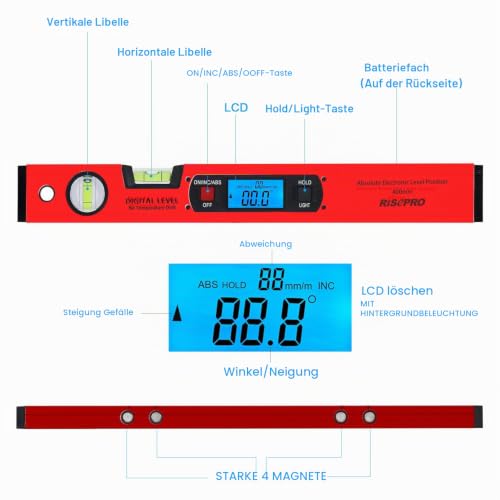 Inclinometer, RISEPRO Digital Inclinometer Angle Finder Gauge Spirit Level Upright Magnet 360° Range 416mm Long with Backlight Red