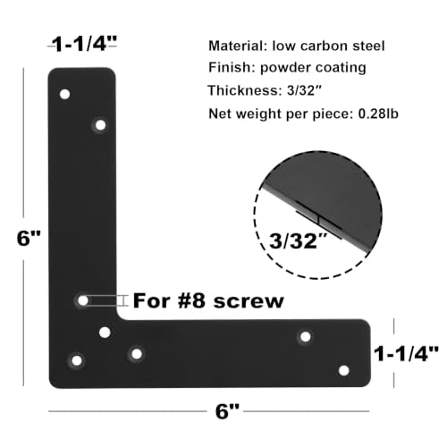 GBGS 10 Pcs 6" Flat L Corner Brace,Black Mending Plate 6"×6"