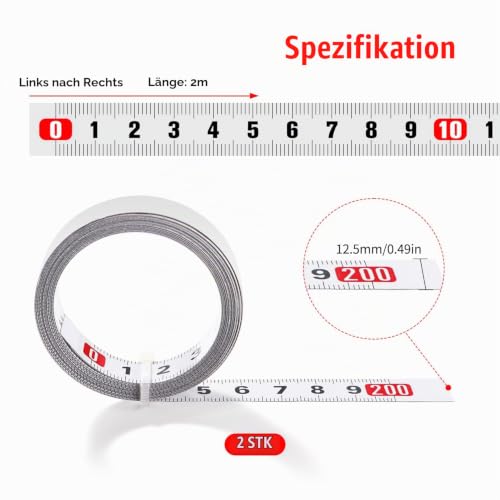 YIXISI 2 x 2 m self-adhesive tape measure, metric for gluing, left to right, for T-rail milling cutter, table saw, woodworking tool, white 2m - From left to right - 2 pieces
