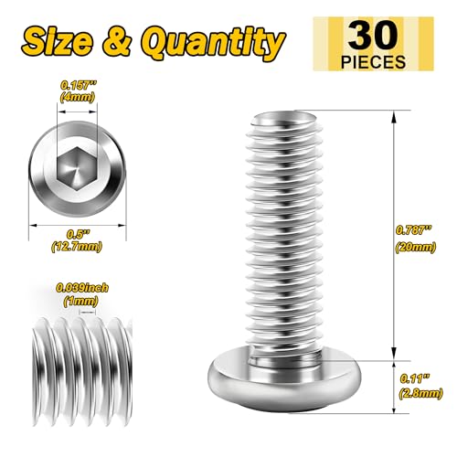 Mywish M8 x 55mm 20Pcs & 30Pcs M6 x 20mm Flat Head M6x1.0 Bolt Hex Socket Cap Screws Bolts, 304 Stainless Steel Furniture Bolts Full Thread, Hex Spanner