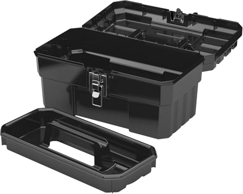 Akro-Mils 14-Inch Plastic Toolbox with Removable Tray, Steel Latch & Padlock Eye, Industrial-Grade Tool Box for Tools, Crafts, First Aid & Hobby Supplies, 14" x 8" x 8", Made in USA, Black (09514) 1-Pack