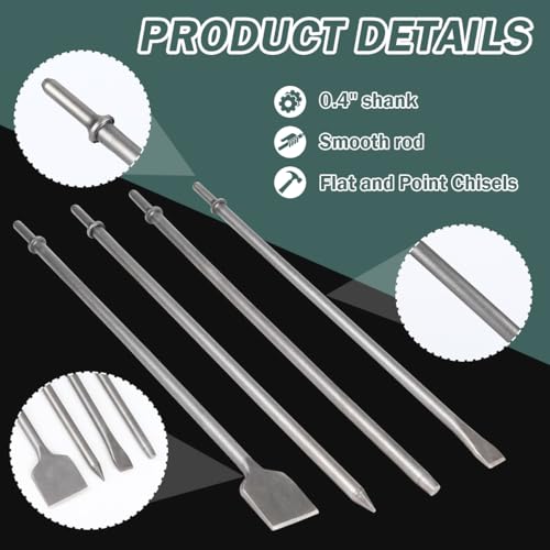 4Pcs Air Hammer Chisel Bits, 17.7 Inch Long Air Flat Chisels, Pneumatic Cold Chisel and Taper Punch, 2 Inch Wide Air Scraper Hammer Attachments for Concrete and Tile (17.7 Inch)