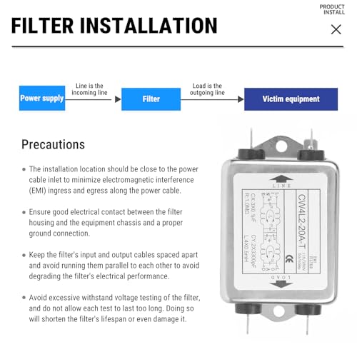 EMI Power Filter, 115V/250V 20A 50/60Hz CW4L2-20A-T Power EMI Filter Mains Filter, Interference Filter for Most Digital Devices, Dual Mode Suppression