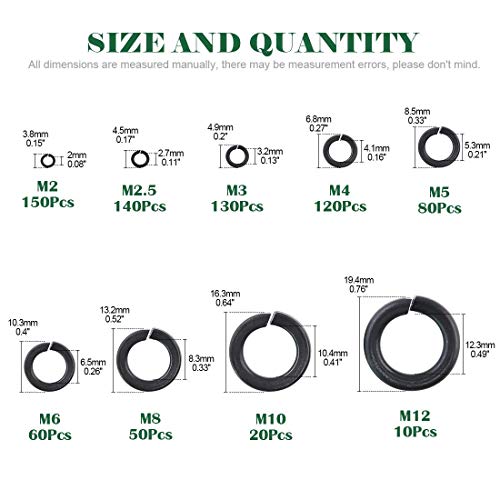 Keadic 945 Pcs Metric Black Zinc Plated Nylon Insert Lock Nuts Assortment Kit and Spring Lock Washer Assortment Kit M2 M2.5 M3 M4 M5 M6 M8 M10 M12
