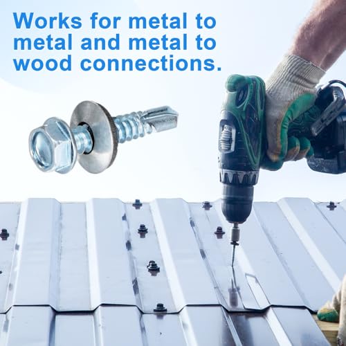 M METERXITY 100-Pack Self Drilling Screws with Rubber Washer #14 x 1-1/4" Zinc Plated Carbon Steel Hex Head Self-Tapping Screws for Metal Roofing/Siding Panels/Steel Structures [ 38mm Length] M6.3 x 32mm