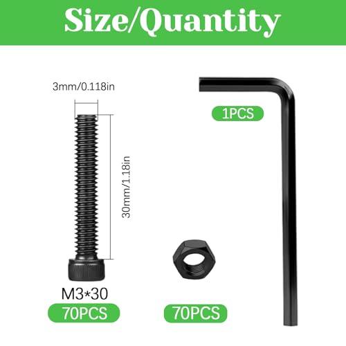 140Pcs M3 x 30mm Hex Socket Head Cap Screws Bolts, Carbon Steel, Black Oxide Finish, Allen Socket Drive, Full Threads,with Hex Spanner M3 x 30-140Pcs
