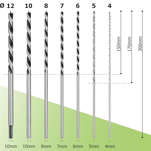 Pinava Wood Drill Bit Set Long [Stable & Sharp] - 7 Shatterproof Auger Drill Bits - Wood, Precise & Centred - Spiral Drill Bit 30 cm, Extra Long Drill Bits - Diameter 4, 5, 6, 7, 8, 10, 12 x 300 mm Set of 7