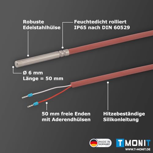 Pack of 2 PT1000 Temperature Sensors, 2 Metres Silicone Cable, up to +200 °C, Made in Germany, Temperature Sensor, Cable Sensor, Solar Sensor Packung mit 2 Stück 1