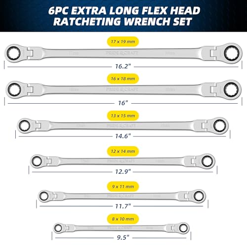 PRIDE&CRAFT 6-Piece Extra Long Flex Head Ratcheting Wrench Set - Metric Double Box End (8-19mm), CR-V Steel, 90-Tooth Ratchet Wrench for Automotive Repair, EVA Organizer