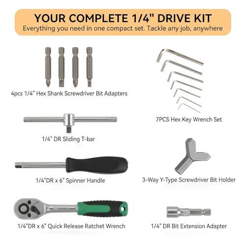 130 Pieces 1/4 Inch Drive Socket Ratchet Wrench Set, Mechanic Tool Set, with Bit Socket Screwdriver Set Metric and Extension Bar for Auto Repairing and Household Silver-130pcs