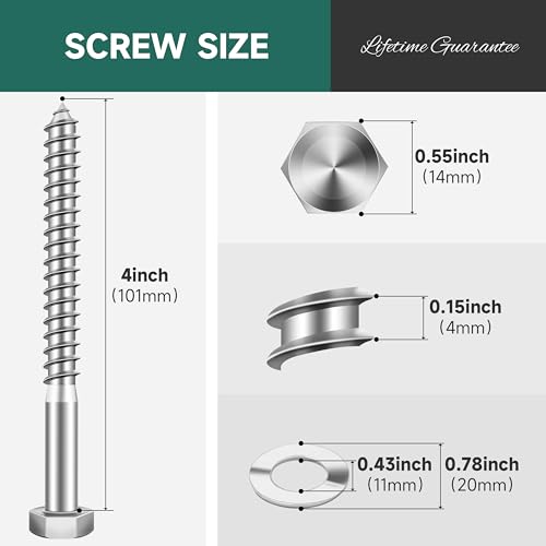 (8Sets) 3/8 Bolt, 3/8" x 4" Hex Head Lag Bolts & 46Pcs 3/8" Hex Head Lag Bolts Screws Assortment Kit, Heavy Duty Lag Screws with Washers, 304 Stainless Steel 18-8.