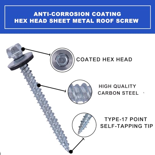 Metal Roofing Screws 10 x 2 inch, Hex Head Sheet Metal Roof Screw with EPDM Washer for Corrugated Roofing (250Pcs)