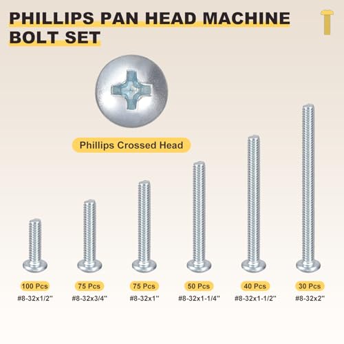 METALLIXITY #8-32 Phillips Pan Head Bolt Kit 370Pcs Carbon Steel #8-32x1/2"/3/4"/1"/1-1/4"/1-1/2"/2" 370