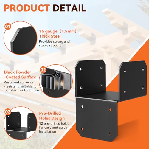 4Pcs 4x4 Joist Anchor Connector - Heavy Duty Steel Post Cap Tie Brakcet, 16 Gauge Carbon Steel 4x4 Post Connector Brackets, Post to Beam Connector Fits 2x4 Lumber(Actual Size 3.5"x3.5") 4 pcs