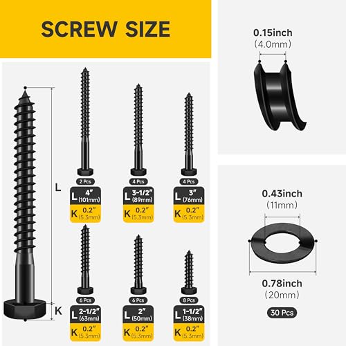 Mywish (50Sets) 3/8" x 3" Lag Bolts & 60Pcs 3/8 Hex Head Lag Screws Assortment Kit, External Heavy Duty Lag Bolts with Flat Washers, 304 Stainless Steel Wood Screws 18-8, Black Oxided 3/8 Bolts