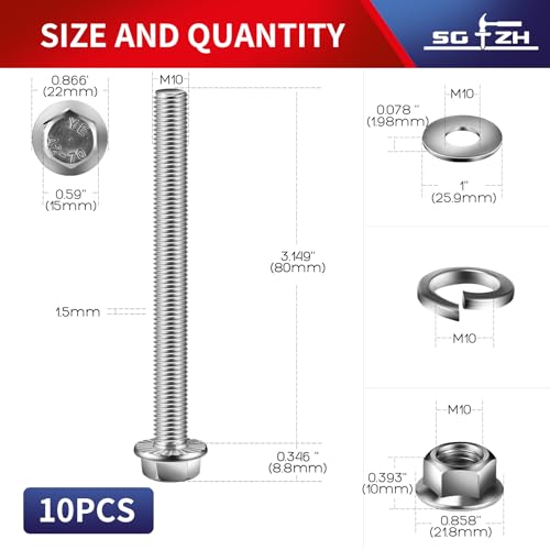 M10 x 80mm Flanged Hex Head Bolts, Nuts, Flat & Lock Washers, 10Pcs 18-8 (304) Stainless Steel, Fully Threaded, by SG TZH M10 x 80mm Silver 10
