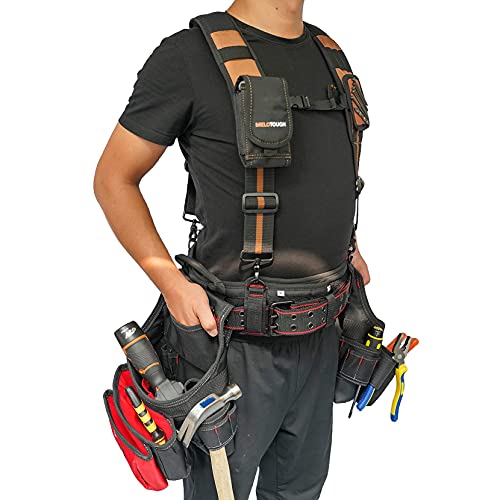 MELOTOUGH Tool Belt Suspenders Construction Work Suspenders with detachable phone holder,Padded Tool Belt with D ring for men constructio,adjustable waist 33'-47 'thick confortable foam padding