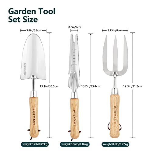 Berry&Bird Gardening Hand Tool Set - 3PCS Stainless Steel Garden Tool Kit Multifunctional Tool with Wooden Handle Trowel, Fork & Weeder for Weeding Planting Transplant, Ideal Garden Gift for Women&Men Gardening Tool