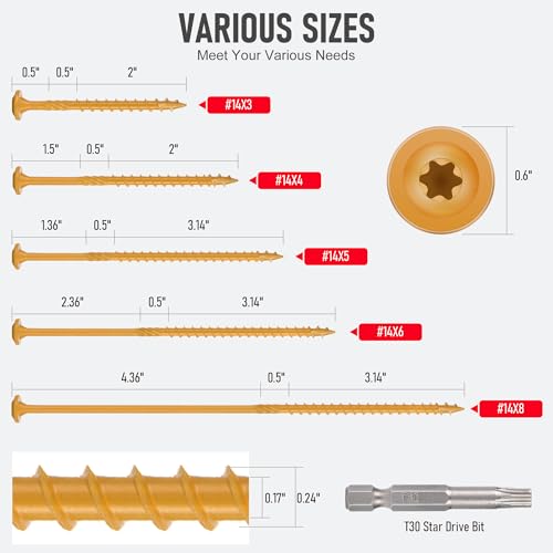 Heavy Duty Washer Head Wood Screws #14 x 8, Structural Lag Screws for Log, Timber, Landscaping & Outdoor Projects, Tan Ruspert Coated, 100 Pack #14 x 8"