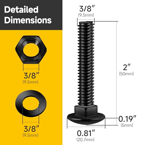 Mywish (15Sets) 3/8" x 1" Hex Head Lag Bolts & (8 Sets) 3/8-16 x 2 Carriage Bolts Screws Round Head Square Neck and Hex Nuts & Flat Washers Full Threaded, 304 Stainless Steel Bolts 18-8, Lag Screws Wo