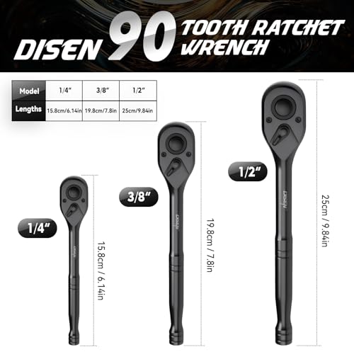 DISEN 3PCS Black Ratchet Wrench Set, 1/2", 3/8", 1/4" Drive 90-Tooth Drive 3 pieces Standard Ratchet Set - Standard Handle